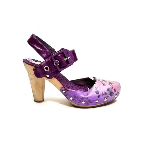 Dr. Scholl's Shoes - Vintage Y2K purple floral leather strappy heeled wooden clogs